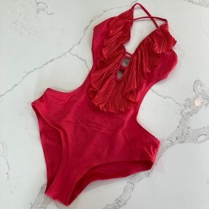 H&M Coral Pink Ruffle Deep V-Neck Side Cutout One Piece Swimsuit Size 6